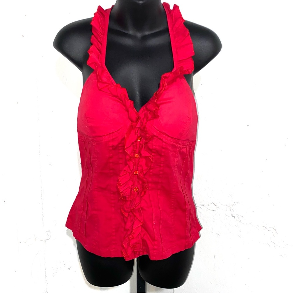 Oh Yes Bling Y2K Red Ruffled Halter Corset Top Sz Medium